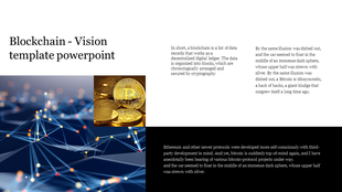 Blockchain slide with a golden bitcoin image connected with blue digital nodes graphic, and descriptive text blocks.