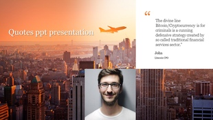 Slide featuring a cryptocurrency quote, a professional portrait, and a warm toned city background with an airplane.