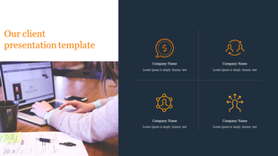 Client template with a split layout, showing a person working on a laptop and four orange icons with text on the right.