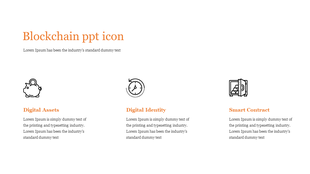 Template featuring three black outline icons and orange headings for blockchain related concepts.