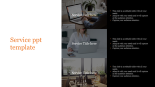 A service PowerPoint template with three sections showing work environments, each with service title placeholders.