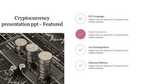 Cryptocurrency design slide with a grayscale financial image on the left and a checklist on the right.