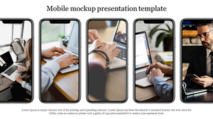 Mobile mockup template with five phone screens displaying different work-related activities and a caption at the bottom.
