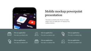 A mobile mockup PowerPoint presentation template featuring a phone with YouTube and Vimeo icons, and a section for content.