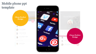 Mobile phone template featuring a smartphone mockup displaying social media icons, with two colored callouts. 