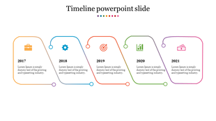 A colorful timeline PowerPoint slide showing key milestones from 2017 to 2021, with icons representing each year.