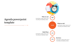 Agenda timeline layout featuring orange circular markers with time slots and a clock image at the top.