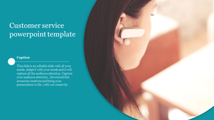 PowerPoint slide featuring a customer service representative wearing a headset with space for a caption on a teal backdrop.