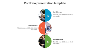 Portfolio presentation design with three stacked half colored circles labeled each containing an image and caption areas.