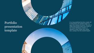 Portfolio PowerPoint template with geometric design, featuring blue and glass building imagery and placeholder text.