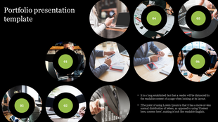 Portfolio presentation slide with a black background, featuring six circular images of business scenes.