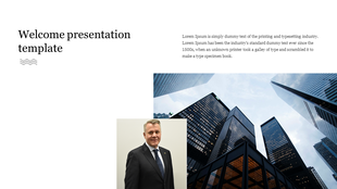 Welcome slide featuring a cityscape of tall glass buildings and a professional portrait of a businessman in a suit. 
