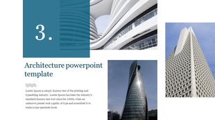 Architecture slide with a large number overlay, three modern skyscraper images, and a text section on a white background.