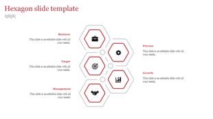 Hexagon diagram with five red hexagons containing business icons, linked to labeled text sections on a white background.