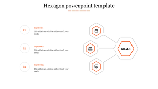 Slide featuring a red themed hexagonal network design with icons and three numbered captions on the left.