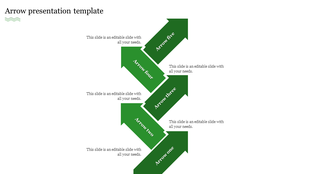 PowerPoint slide featuring five directional arrows in green color, with text placeholders on a white backdrop.