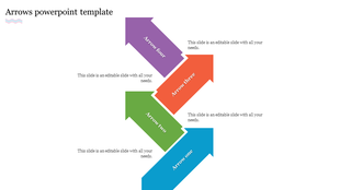 PPT template, with four arrows in blue, green, orange, and purple, each representing a different step with placeholder text.