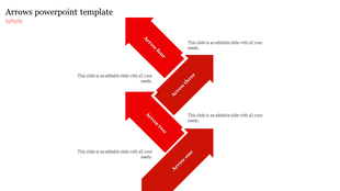 Red and dark red diagonal arrows PowerPoint template with four connected segments in a zigzag pattern