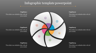 Modern infographic with a rotating pinwheel design, featuring six sections in white, surrounded by text placeholders.
