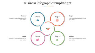 Circular infographic with four curved rings in blue, orange, green, and pink, connected around a central handshake icon.