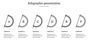 Infographic slide with six semi circular segments, labeled A-F, with caption areas placed in a white backdrop.