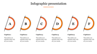 Infographic PPT slide with six sections, each represented by an orange circle and a corresponding caption.