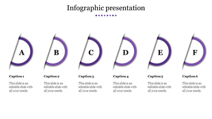 Infographic slide with six purple accented semi-circular segments, labeled A-F, with caption areas. 
