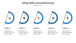 Infographic template with five semi circular elements labeled A to E with blue outer rings and caption areas.