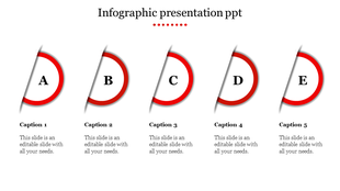 Horizontal set of five red rings with inner letters from A to E, representing an infographic layout.