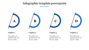 Infographic template with four semi circular segments, A-D, blue accents, captions, and text placeholders below.