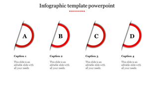 Infographic PowerPoint template with four red circular sections with captions and placeholder text on a white backdrop.