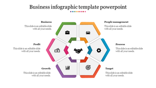 Business infographic slide with six colored hexagonal sections from business to people management with placeholder text.