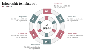 Infographic PowerPoint template with a circular design, featuring six numbered sections and labeled captions.