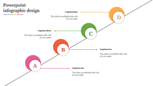 Infographic template with timeline featuring four elements labeled in pink, red, green, and orange with caption areas.