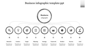 Gray themed slide featuring a business infographic with nine circular icons, connected to a central circle.