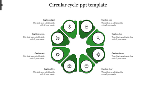 Circular green cycle infographic with eight curved segments, each holding a white icon and connected to text captions.