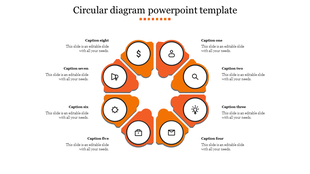 Circular diagram PowerPoint template with eight orange segments, each containing an icon and a caption on a white backdrop.