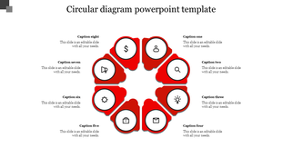 Circular red diagram with eight shaped segments, each containing a white icon and connected to surrounding caption areas.