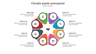 Circular puzzle template with vibrant segments and business-related icons, labeled with captions areas on either side.