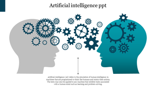 Illustration of gray and teal human heads filled with gears facing each other, symbolizing artificial intelligence exchange.