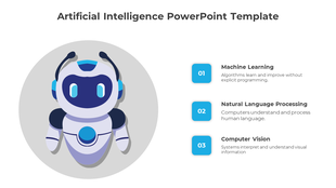 Circular robot illustration and three numbered blue boxes on the right listing AI related text, against a white background.
