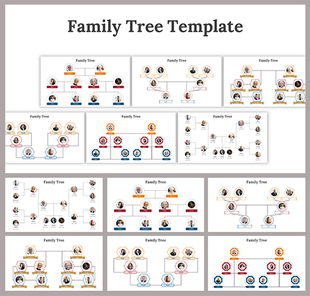 A collection of colorful family tree slides with multiple layouts, showing family member icons arranged across generations.