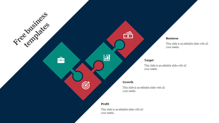Four piece puzzle infographic with alternating red and green squares, each containing business related icons.