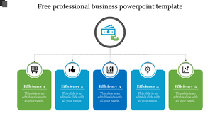 Slide for business presentation detailing five colorful efficiencies under a central money icon, each with text area.