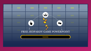 Jeopardy slide with blue game board, dollar signs in each cell, with title and icons, on a gradient background.