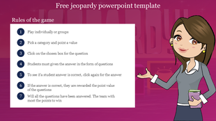 Cartoon woman holding books on the right, with numbered rules for a Jeopardy game on the left, set against a pink backdrop.
