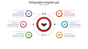 Circular infographic with six numbered sections, each in a different color, connected to a central handshake icon.