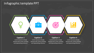 Dark themed infographic with four hexagonal sections, each outlined in different colors and placed with icons.