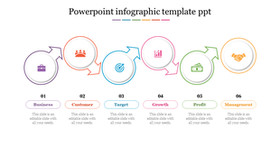 Infographic PPT slide with colorful arrows connecting sections from business to management with placeholder text.