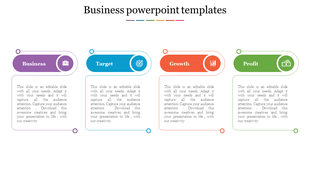 Colorful business PPT template featuring editable sections on business, target, growth, and profit with corresponding icons.
